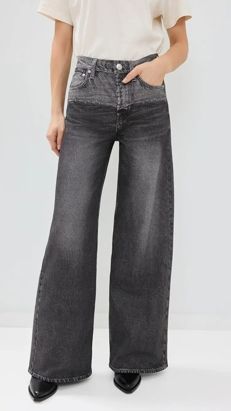 rag & bone Miramar Terry Sofie Washed Black Wide Leg Pants Jeans Two Tone 24